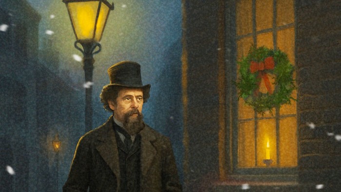 Ein Mann mit Zylinder und Mantel geht mit einem Stock durch eine verschneite nächtliche Straße.