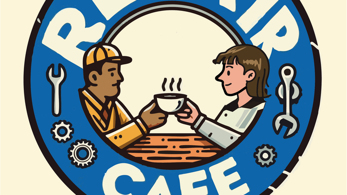 Das Bild zeigt ein Logo für ein Repair-Café mit dem Namen *„Lichtenrade“*, auf dem zwei Personen Kaffee trinken und von Werkzeugen umgeben sind.