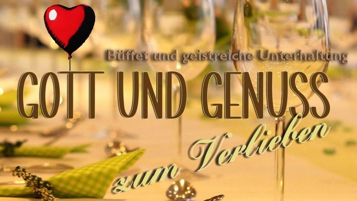 Valentinsveranstaltungsplakat für ein Buffet-Dinner mit spiritueller Unterhaltung unter dem Titel *„Gott und Genuss zum Verlieben“* in Bad Hersfeld.