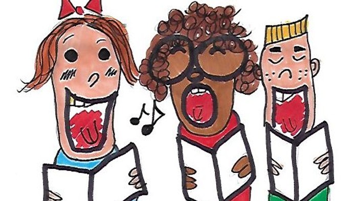 Tre børn synger i kor.