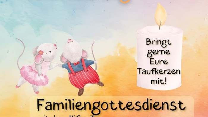 Familien-Gottesdienstankündigung zur Feier von Taufe und Pfingsten mit einer mausbezogenen Einladung, Kerzen mitzubringen.