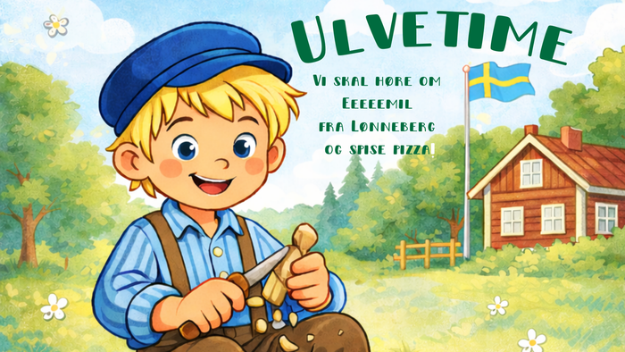 En munter dreng i kasket promoverer en svensk opskrift på Lönneberg-pizza med en smilende, indbydende illustration.