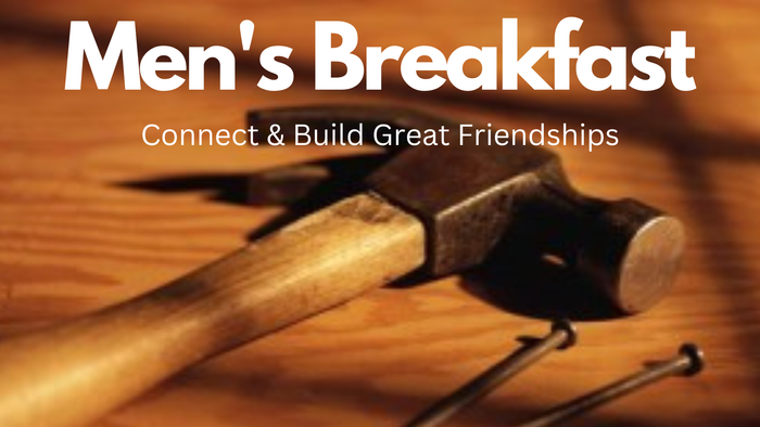 Poster for Men's Breakfast event, showing tools on wood, with details and website.