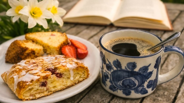 En kaffekop og en tallerken med kage og jordbær på et bord. I baggrunden er der påskeliljer og en åben bog.