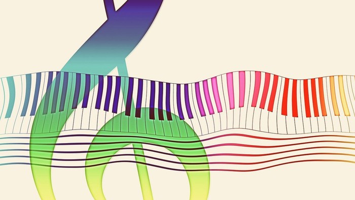 Farverige klavertangenter med noder.