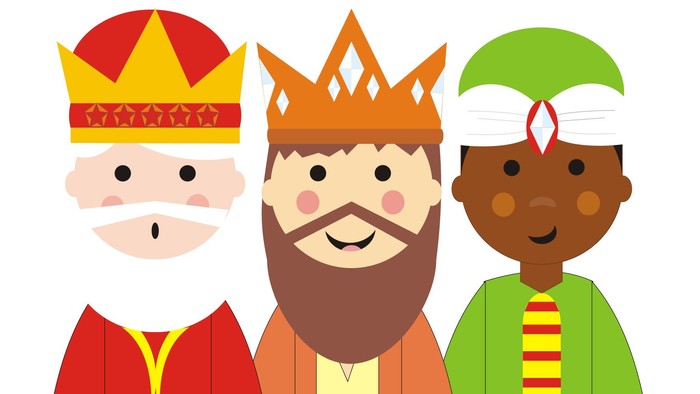 Tre konger med kroner og farverige klæder.