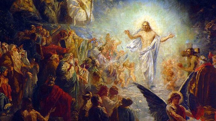 Billedet forestiller en religiøs scene med en central skikkelse omgivet af engle og andre figurer.