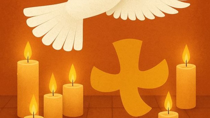 Weiße Taube mit Olivenzweig, umgeben von Kerzen und Kreuzen.