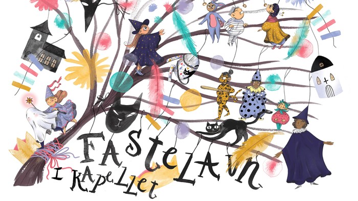 Lun halloween-scene med figurer, der flyver på kosteskafter og fejrer fastelavn, en dansk tradition.