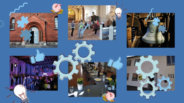 Billeder af forskellige aktiviteter og steder, bl.a. kirke, fest og maskineri