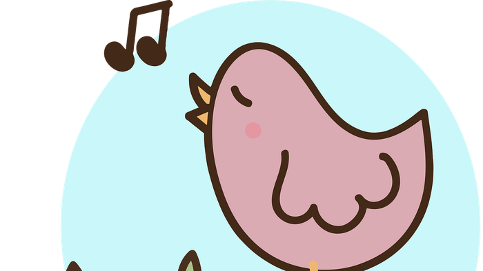 En glad lyserød fugl synger muntert på en gren med noder svævende over den.