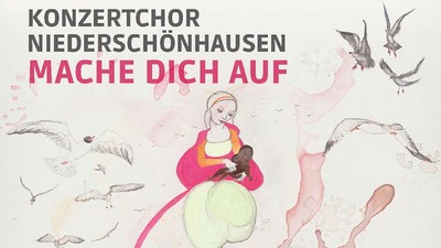 Aquarell: Hafenmadonna mit schwarzem Kind und Möwen