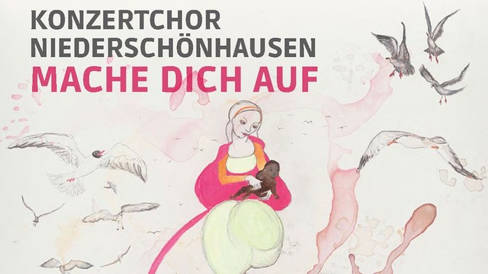 Aquarell: Hafenmadonna mit schwarzem Kind und Möwen