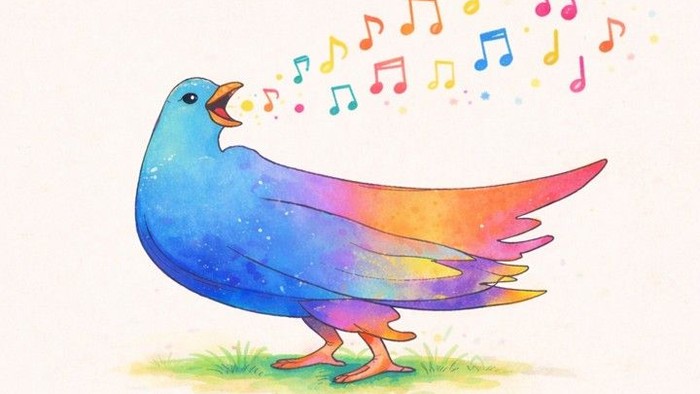 Ein bunter Vogel singt fröhlich, während musikalische Noten aus seinem geöffneten Schnabel schweben.
