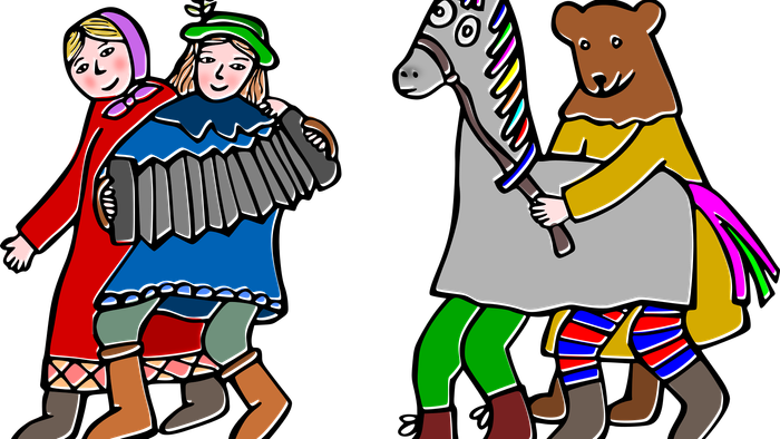 To børn spiller på akkordeon mens en bjørn ridder på en hest.