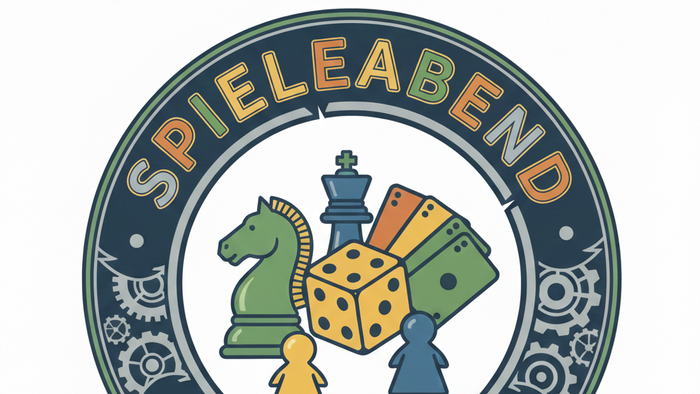 Spielabend-Logo mit Schachfiguren, Würfeln und Spielkarten sowie dem Schriftzug „Spieleabend“ für einen gemütlichen Spieleabend.