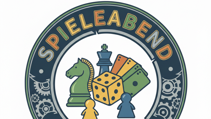 Spielabend-Logo mit Schachfiguren, Würfeln und Spielkarten sowie dem Schriftzug „Spieleabend“ für einen gemütlichen Spieleabend.