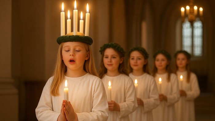 Kinder in weißen Gewändern halten Kerzen, eines trägt eine Kerzenkrone.