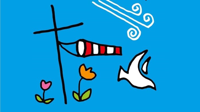 Plakat mit Wind, Taube und Kreuz