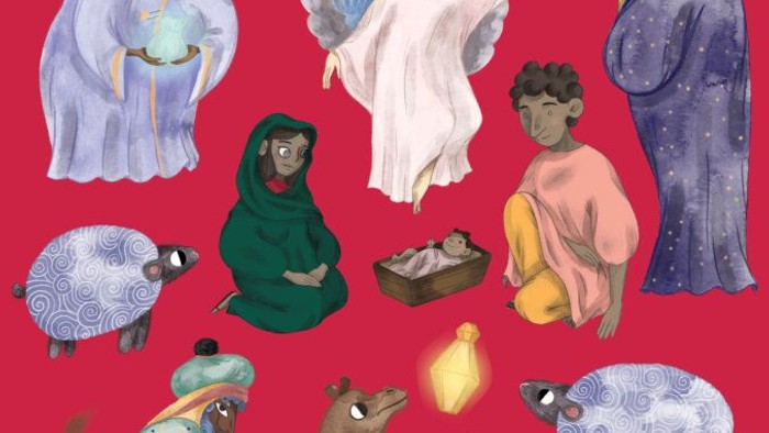 Billedet viser en samling af fantasifigurer og dyr på rød baggrund