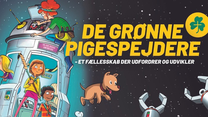 En farverig animation af et rumfartøj med figurer og robotter i rummet