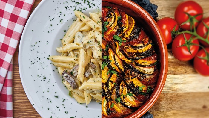 Billede viser to madret: en ret penne med grønnsaker og en pytteløse med tomater og grønnsager.