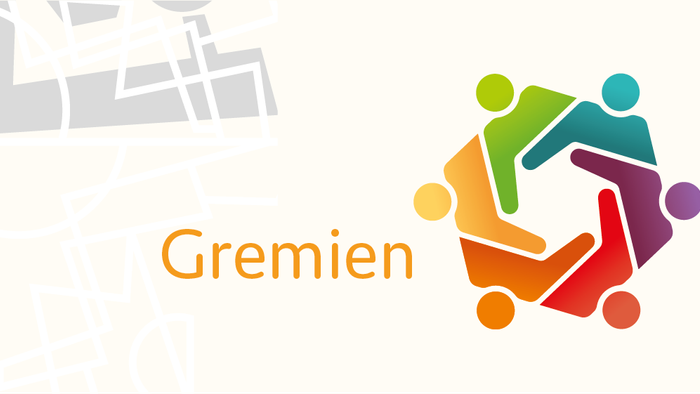 Das Bild zeigt das Logo der Stadt Gremien mit einem farbenfrohen Symbol für Einheit und Zusammenarbeit.