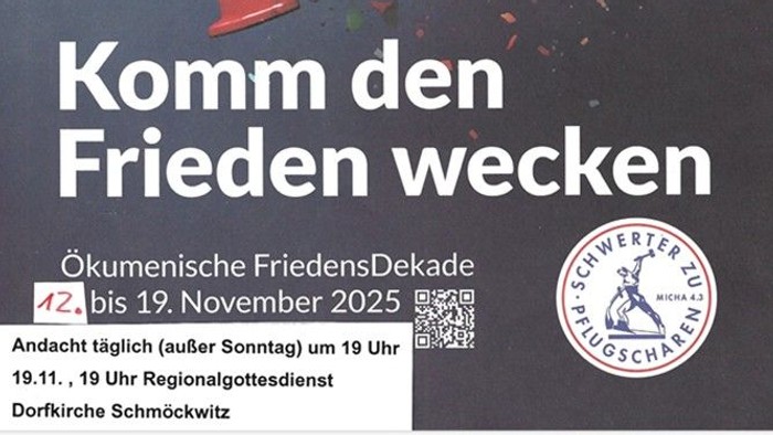 Plakat für die Veranstaltung *„FriedensDekade“* am 19. November 2025 mit Taube und Megafon.