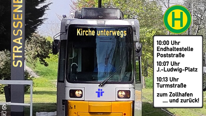 Eine gelbe Straßenbahn mit der Aufschrift „Kirche unterwegs“ wirbt für Gottesdienste am 14. Juni 2026 in Finthen.