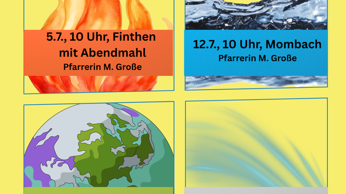 Ein Plakat, das für vier Sommerkirchenveranstaltungen in Finthen und Mombach wirbt, wobei jede ein Element darstellt und mit Mahlzeiten und Zusammenkünften verbunden ist.
