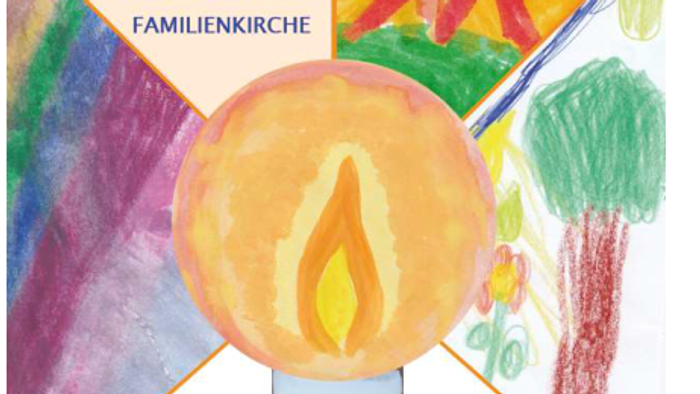 Bunte Kinder-Einladung zu einer Familienveranstaltung in der Kirche mit Kerze, Kunstwerk und einem Stofftier-Schaf.