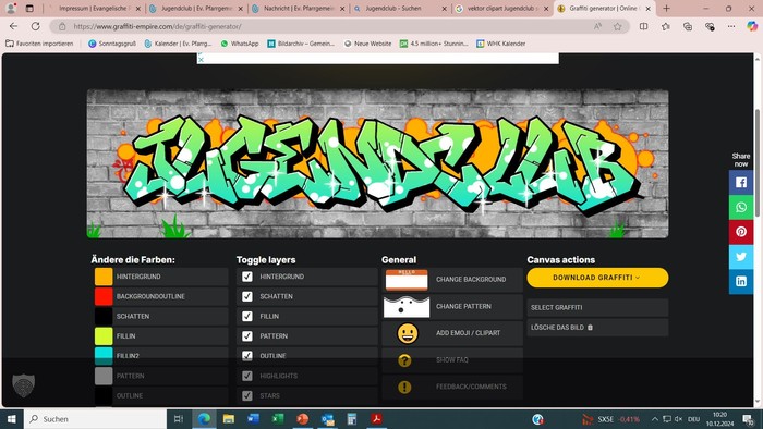 Ein Computermonitor, der die Benutzeroberfläche einer Graffiti-Design-Software mit verschiedenen Werkzeugen und Optionen anzeigt.