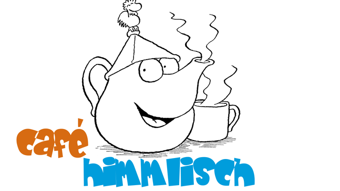 Ein fröhlicher Teekessel mit Hut und Tasse, die dampfen, unter dem Text 