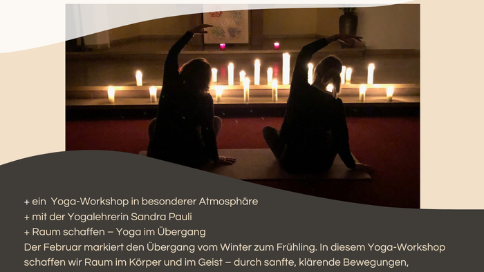Yoga-Event in einer Kirche am 20. Februar 2026 mit einem Workshop von Sandra Pauli für Entspannung und Übergang.