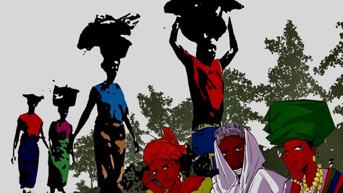 Siluettenhafte Gestalten, die Gegenstände auf dem Kopf tragen, bunte Kleidung tragen und durch Bäume gehen.