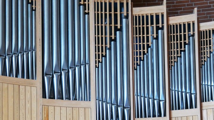 Orgelpiber anbragt i rækker inde i en trækonstruktion.