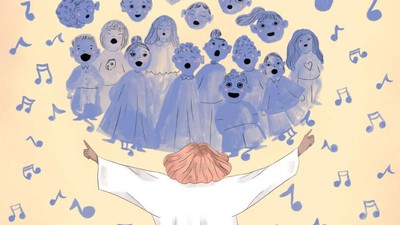 En mand med et kor af blå bjørnefigurer, omgivet af musiknoter.