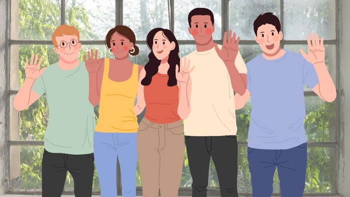 Grafik mit Männern und Frauen, im Hintergrund ein Fenster mit Gartenblick