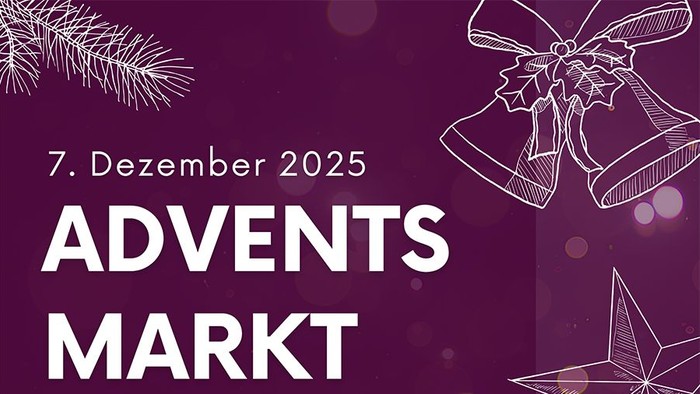 Flyer Adventsmarkt mit Grafiken von Glocken, Tannenzweig und Stern