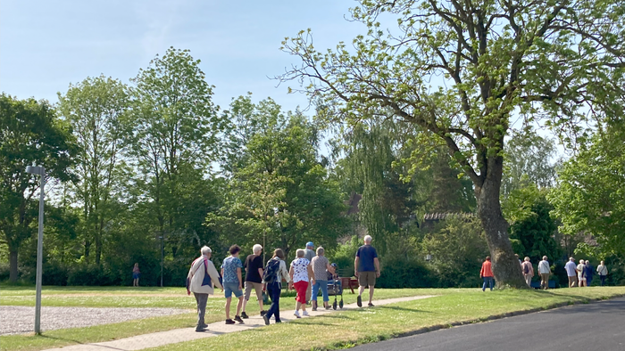 En gruppe af mennesker går i park.