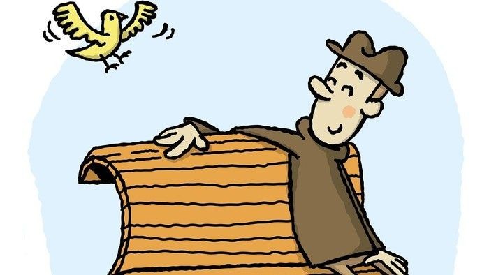 Animeret billede af mand med hat siddende på en bænk kiggende på en fugl 