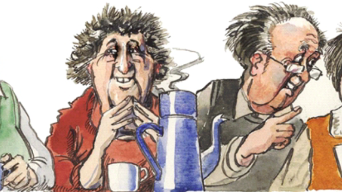 Fire ældre mænd drikker kaffe og ser overraskede ud