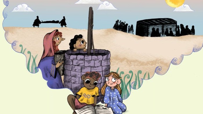 Børn læser sammen i en fantasiværld med tårn og skib.