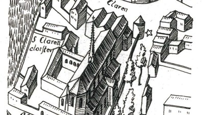 Historische Darstellung eines Stadtplans mit beschrifteten Straßen und Gebäuden.