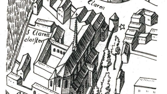 Historische Darstellung eines Stadtplans mit beschrifteten Straßen und Gebäuden.