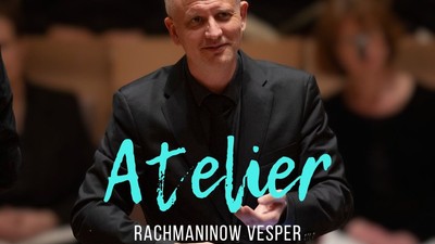 Werbeplakat für das Rachmaninov-Vesper-Konzert mit Nicolas Fink am 2. Mai 2026 in der Gustav-Adolf-Kirche Berlin.