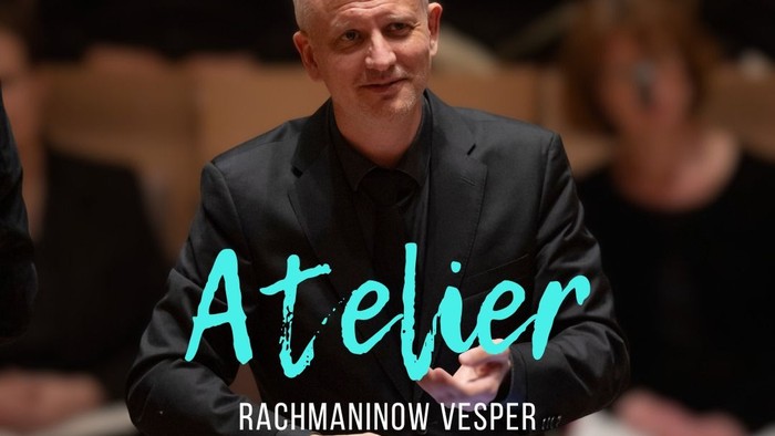 Werbeplakat für das Rachmaninov-Vesper-Konzert mit Nicolas Fink am 2. Mai 2026 in der Gustav-Adolf-Kirche Berlin.