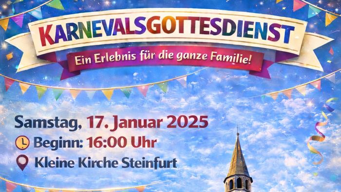 Ein festliches Plakat für einen familienfreundlichen Karnevals-Gottesdienst mit fröhlicher Musik und Gebeten am 17. Januar 2025.