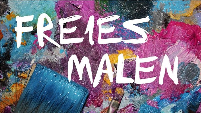 Bunte Malutensilien mit dem Text „FREIES MALEN“, was eine freie Mal- oder Kreativsession suggeriert.