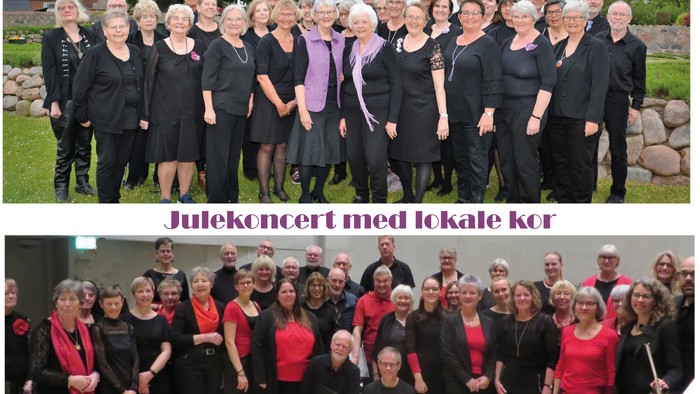 To groups af kvinder i festlige og formelle tøjer, en med sorte og røde, den anden med sorte og lilla